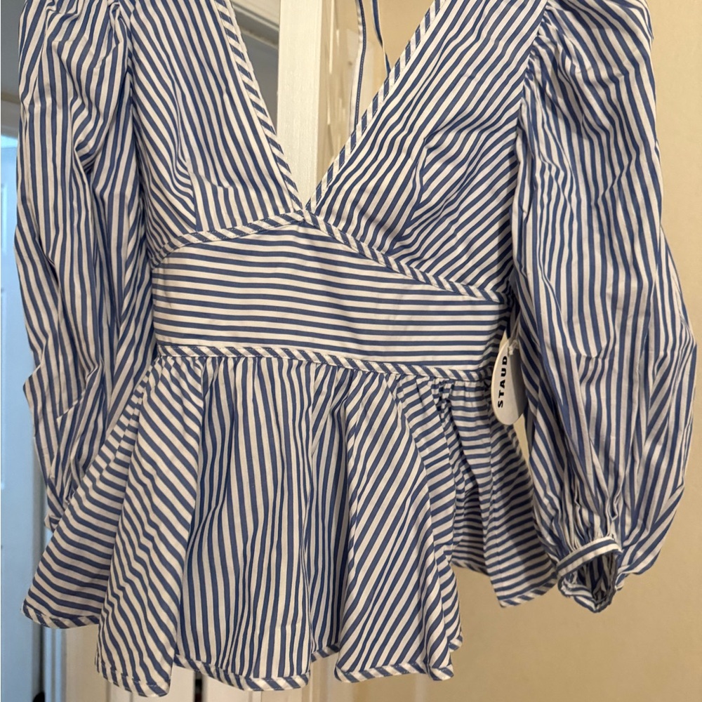 STAUD Black and White Peplum Blouse with Puff Sleeves